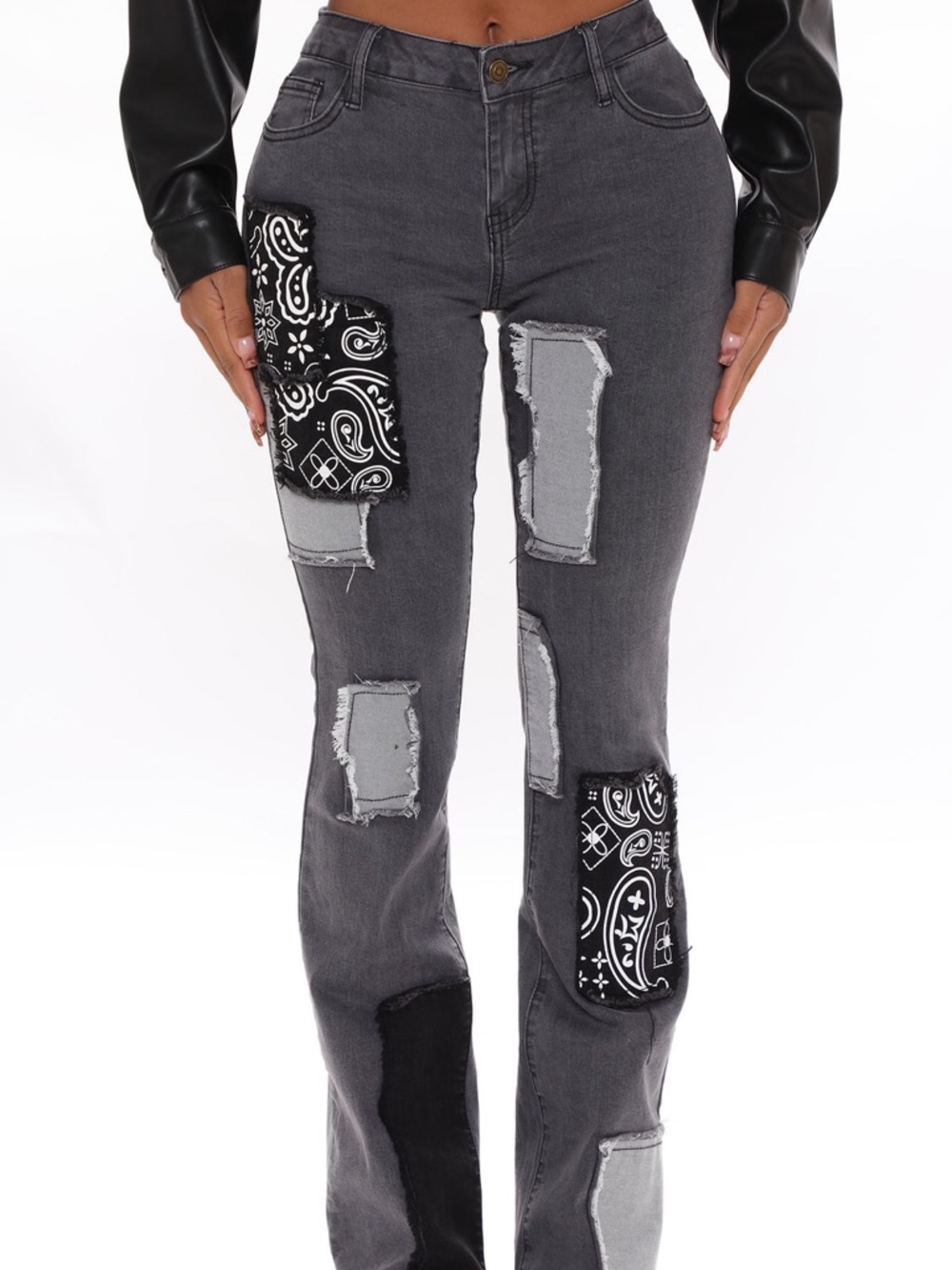 Gray Patchwork Distressed Men’s Jeans with Bandana Accents size 7